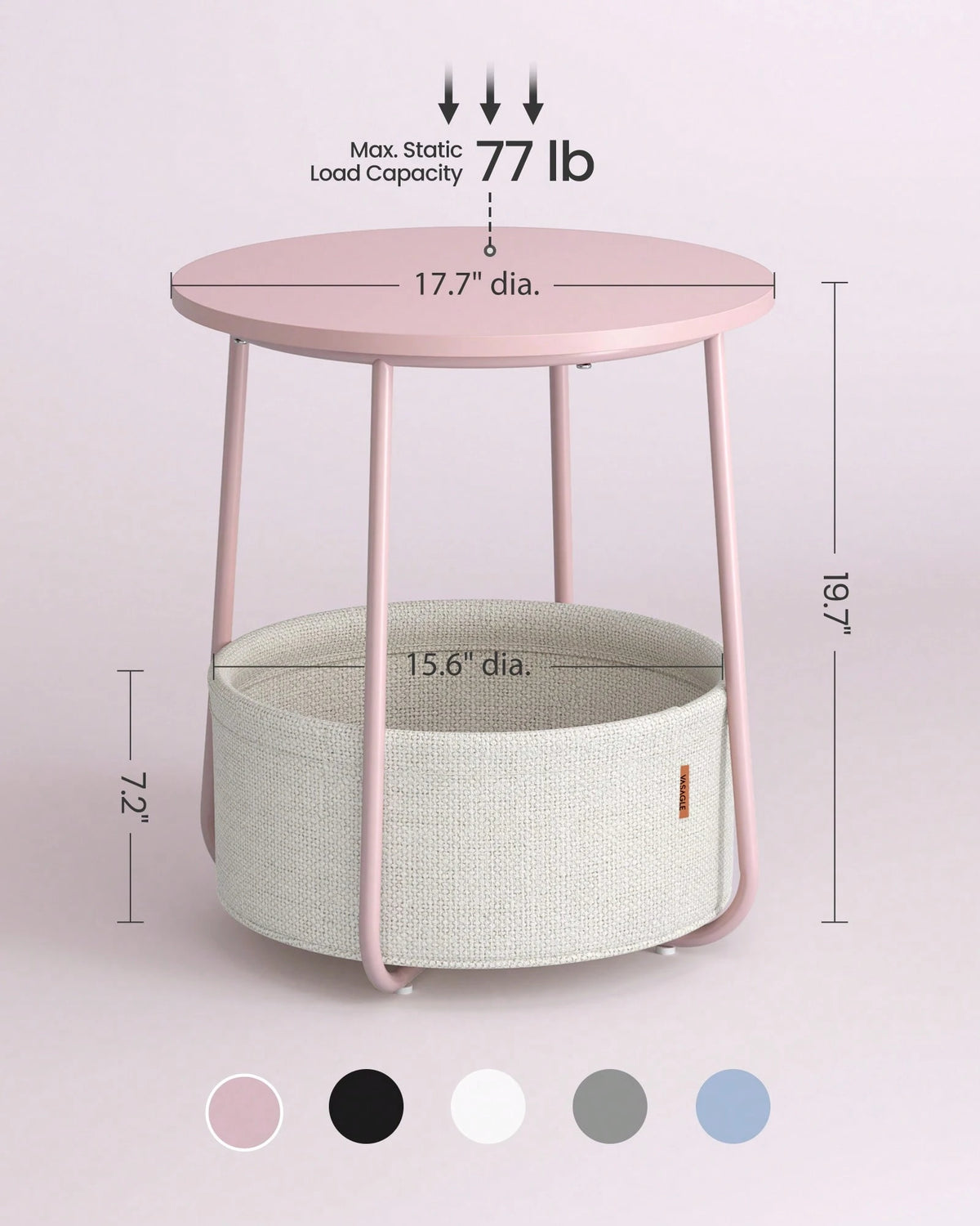 VASAGLE Small Round Side End Table, Modern Nightstand With Fabric Basket