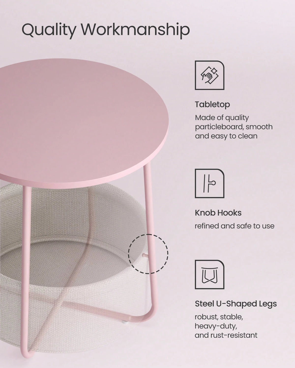 VASAGLE Small Round Side End Table, Modern Nightstand With Fabric Basket
