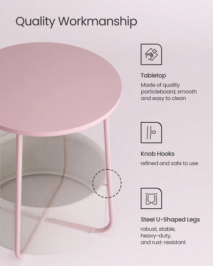 VASAGLE Small Round Side End Table, Modern Nightstand With Fabric Basket