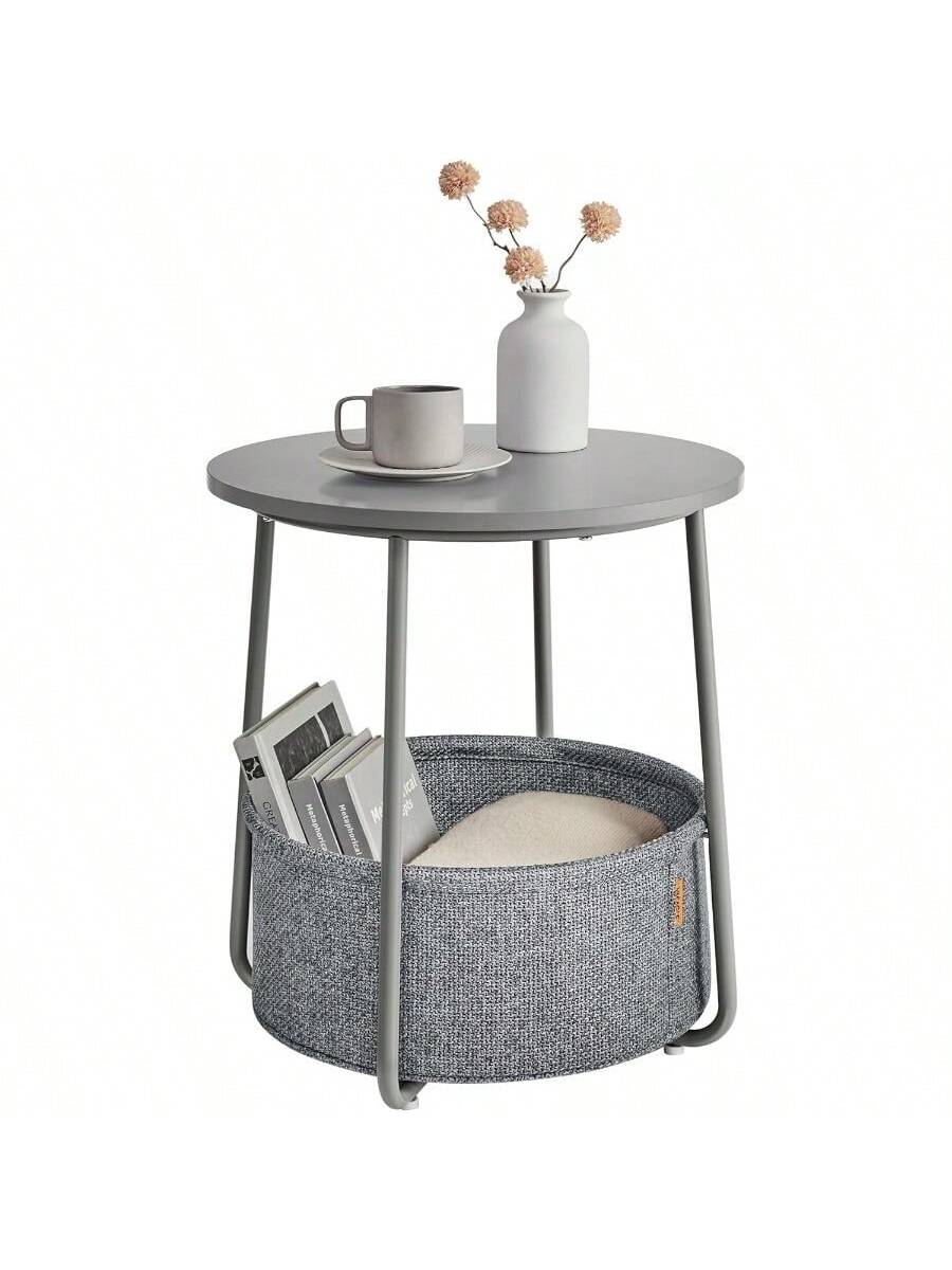 VASAGLE Small Round Side End Table, Modern Nightstand With Fabric Basket