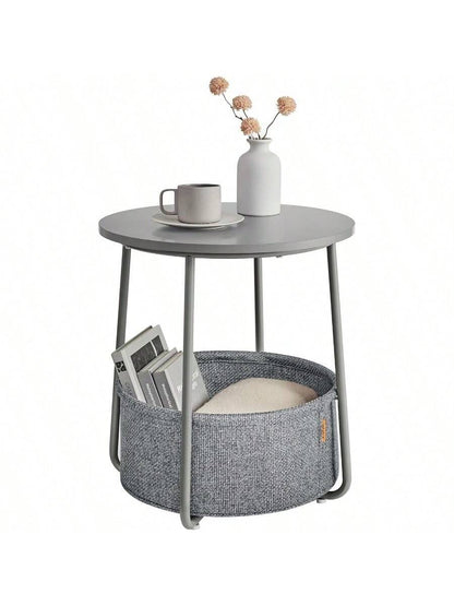 VASAGLE Small Round Side End Table, Modern Nightstand With Fabric Basket