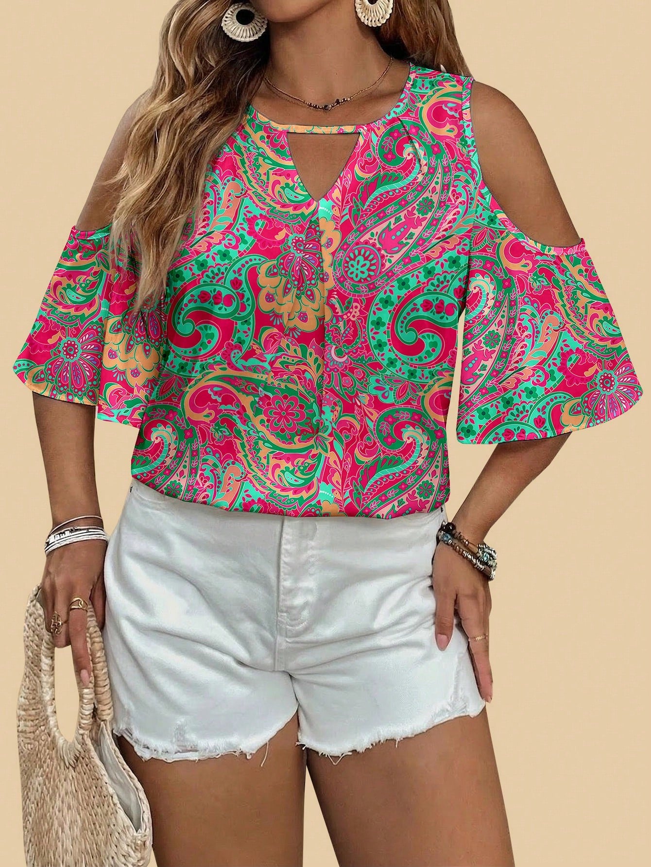 VCAY Plus Size Casual Boho Minimalist All-Over Print Shirt Holiday Holiday Vacation Pink Summer Vacation