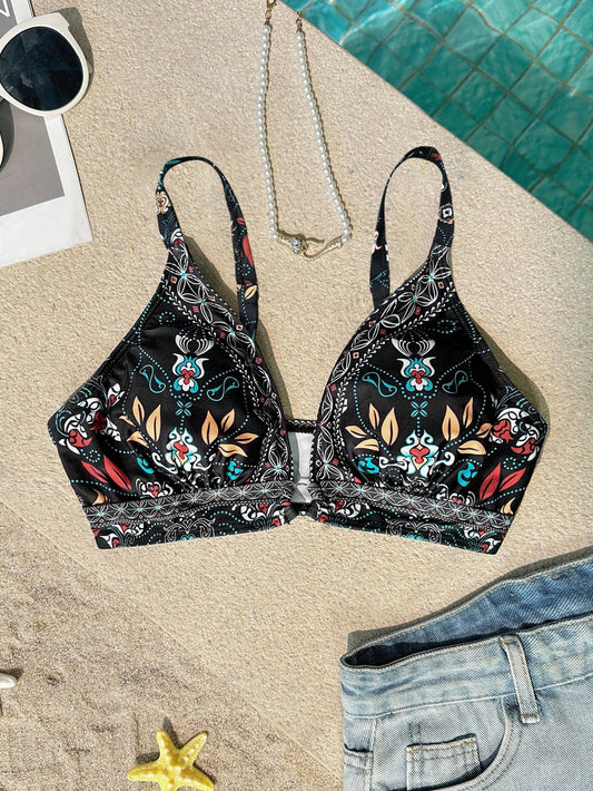 VCAY Plus Size Vintage Floral Print Swimsuit Top Boho