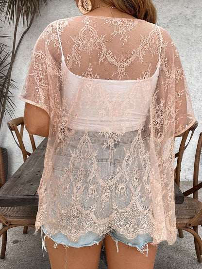 VCAY Plus Size Women Sheer Lace Short Sleeve Kimono