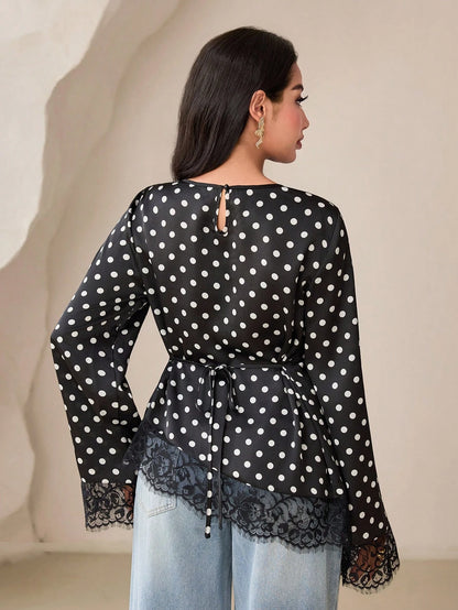 Veilorie Women's Black And White Polka Dot Print Lace Patchwork Asymmetric Hem Blouse Tea Party Autumn Elegant