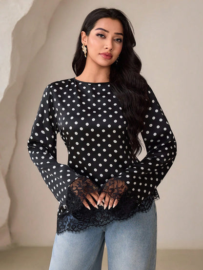 Veilorie Women's Black And White Polka Dot Print Lace Patchwork Asymmetric Hem Blouse Tea Party Autumn Elegant