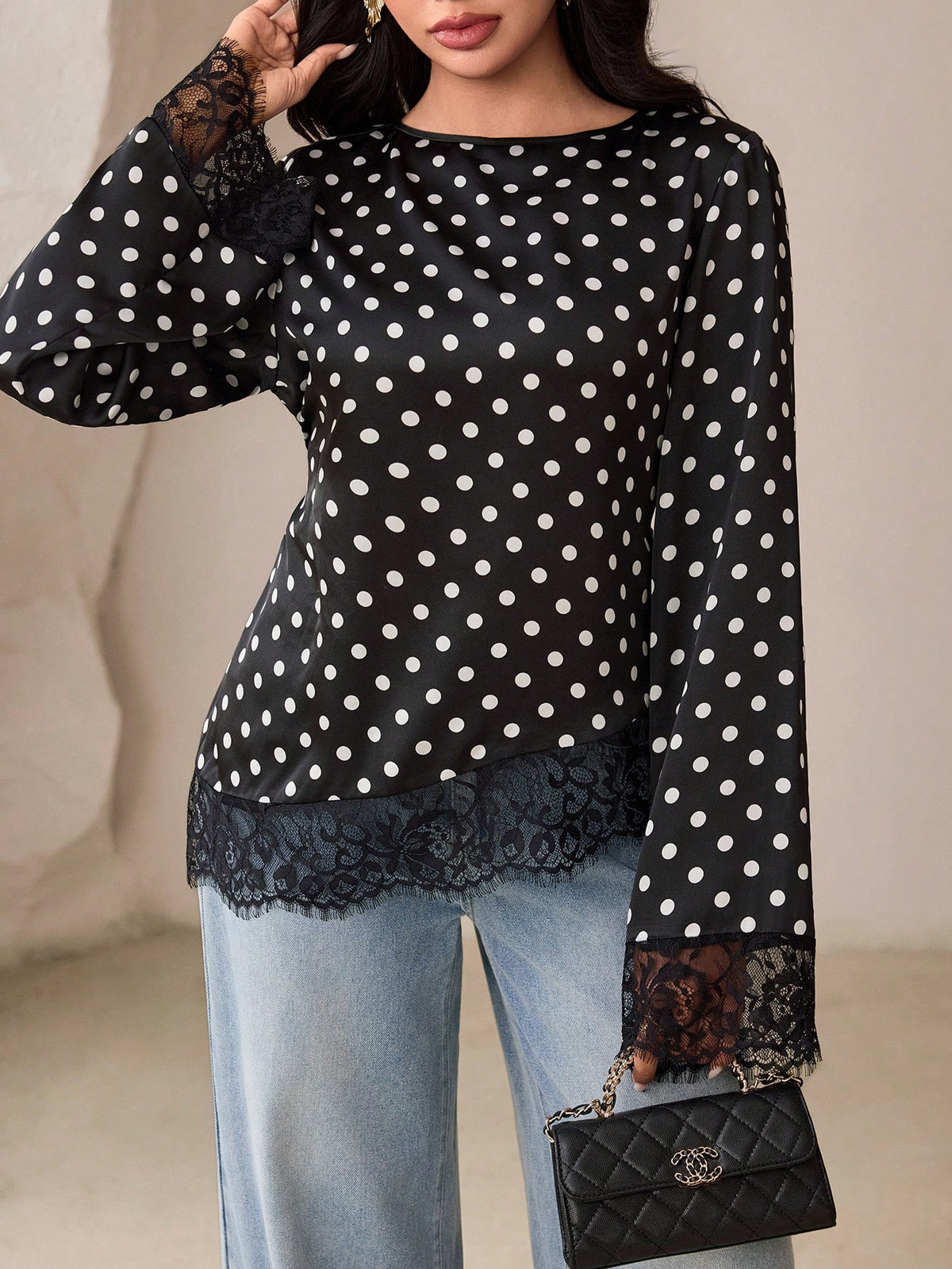 Veilorie Women's Black And White Polka Dot Print Lace Patchwork Asymmetric Hem Blouse Tea Party Autumn Elegant
