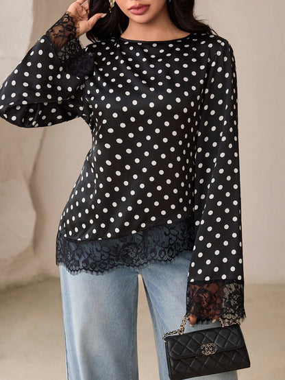Veilorie Women's Black And White Polka Dot Print Lace Patchwork Asymmetric Hem Blouse Tea Party Autumn Elegant