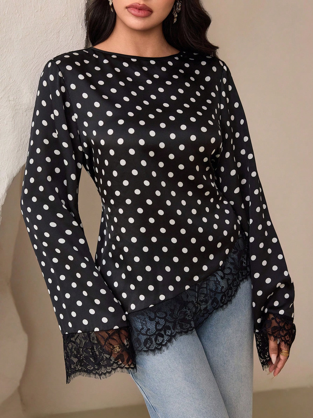 Veilorie Women's Black And White Polka Dot Print Lace Patchwork Asymmetric Hem Blouse Tea Party Autumn Elegant