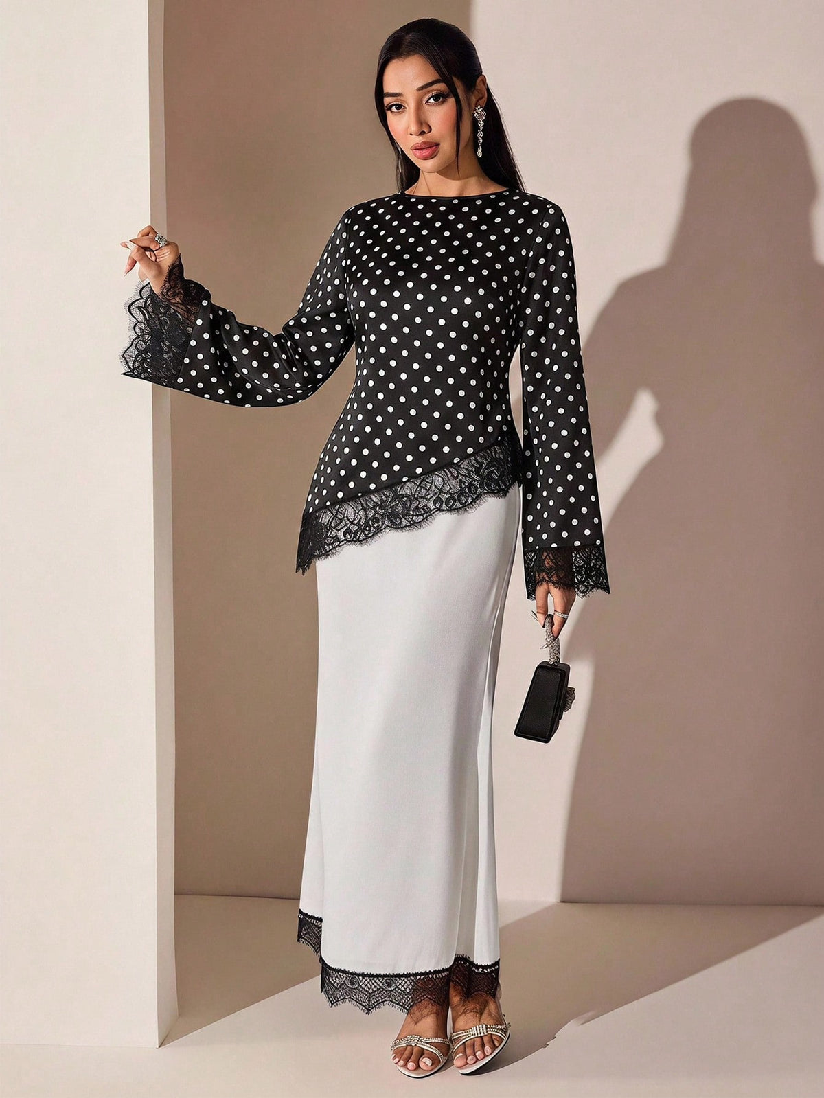 Veilorie Women's Black And White Polka Dot Print Lace Patchwork Asymmetric Hem Blouse Tea Party Autumn Elegant