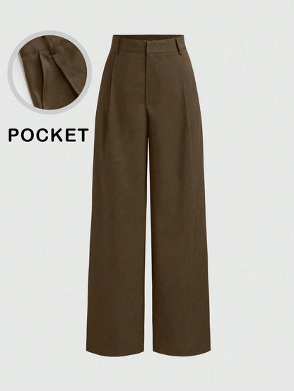 Vela Rue Minimalist Design Hook & Eye Closure Lightweight Slightly Sheer Navy Blue Solid Color Suit Pants With Zipper Hook & Eye Wide Leg Slimming Brown