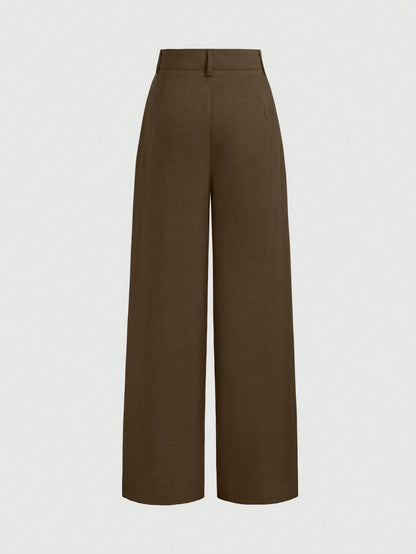 Vela Rue Minimalist Design Hook & Eye Closure Lightweight Slightly Sheer Navy Blue Solid Color Suit Pants With Zipper Hook & Eye Wide Leg Slimming Brown