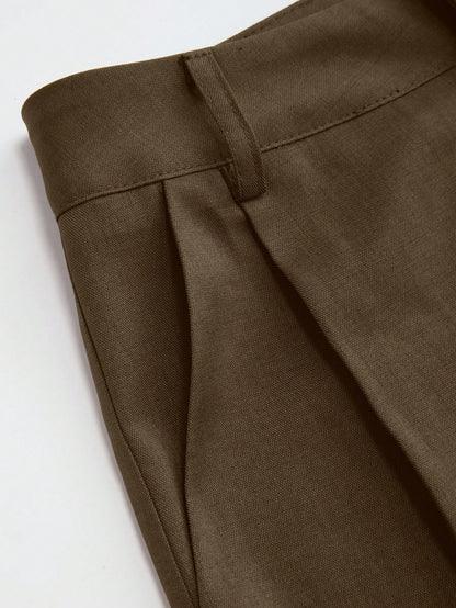 Vela Rue Minimalist Design Hook & Eye Closure Lightweight Slightly Sheer Navy Blue Solid Color Suit Pants With Zipper Hook & Eye Wide Leg Slimming Brown