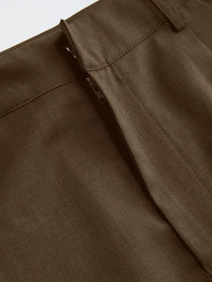 Vela Rue Minimalist Design Hook & Eye Closure Lightweight Slightly Sheer Navy Blue Solid Color Suit Pants With Zipper Hook & Eye Wide Leg Slimming Brown