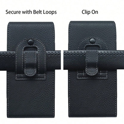 Vertical Phone Waist Pouch With Belt Loop, Men's Lychee Grain Leather Waist Bag, Waist Belt Pouch For Elderly