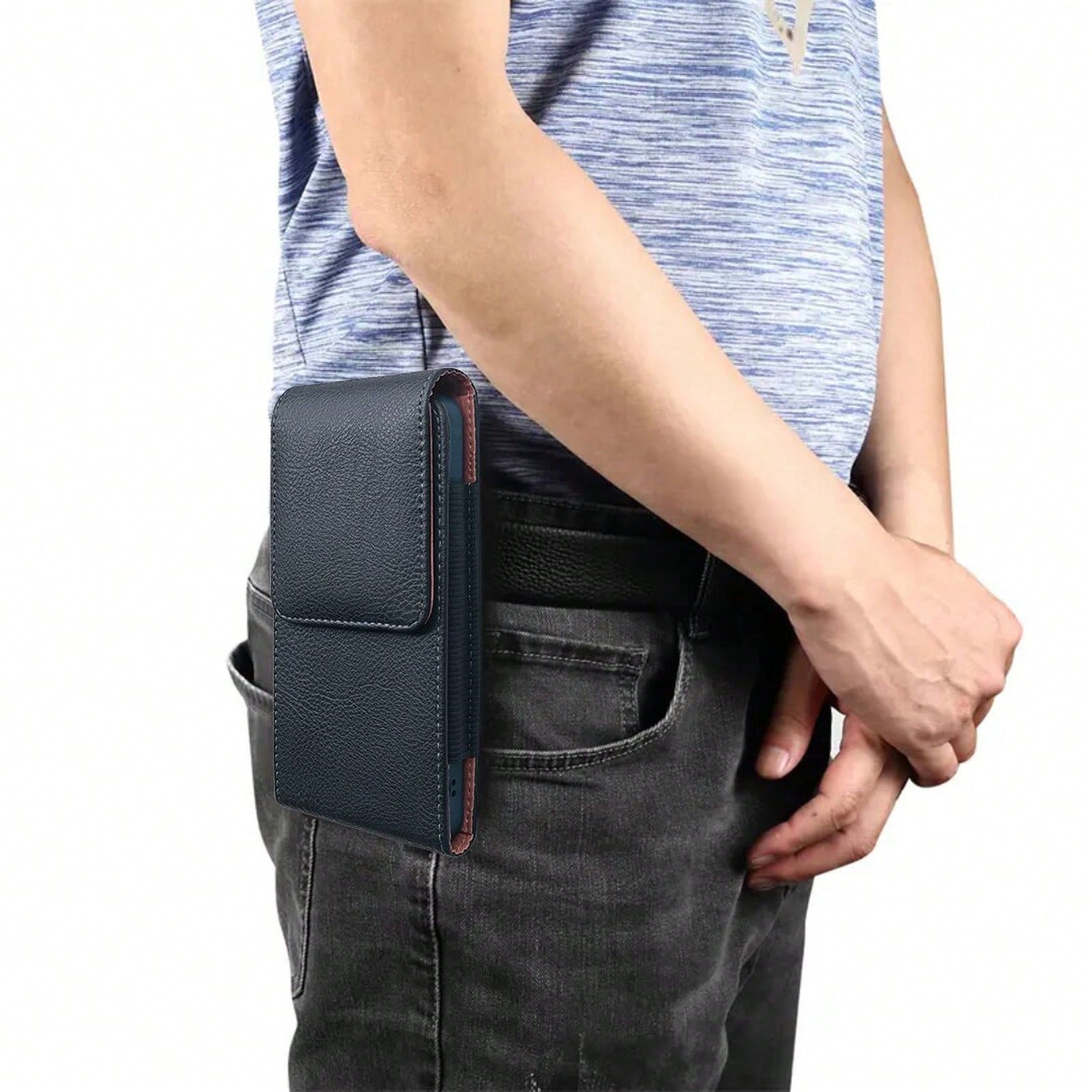Vertical Phone Waist Pouch With Belt Loop, Men's Lychee Grain Leather Waist Bag, Waist Belt Pouch For Elderly