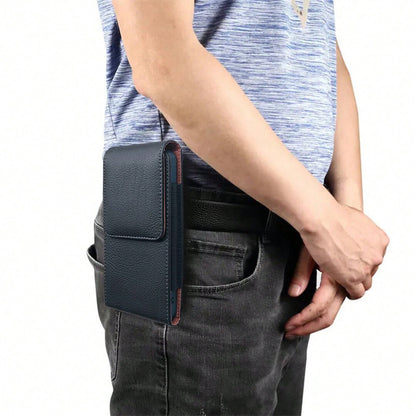 Vertical Phone Waist Pouch With Belt Loop, Men's Lychee Grain Leather Waist Bag, Waist Belt Pouch For Elderly