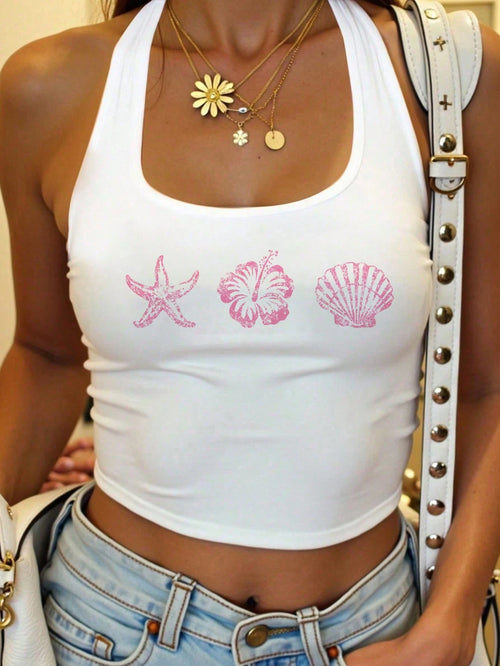 Veykashi Women Casual Starfish, Flower & Shell Print Pink Skinny Halter Neck Camisole, Suitable For Summer
