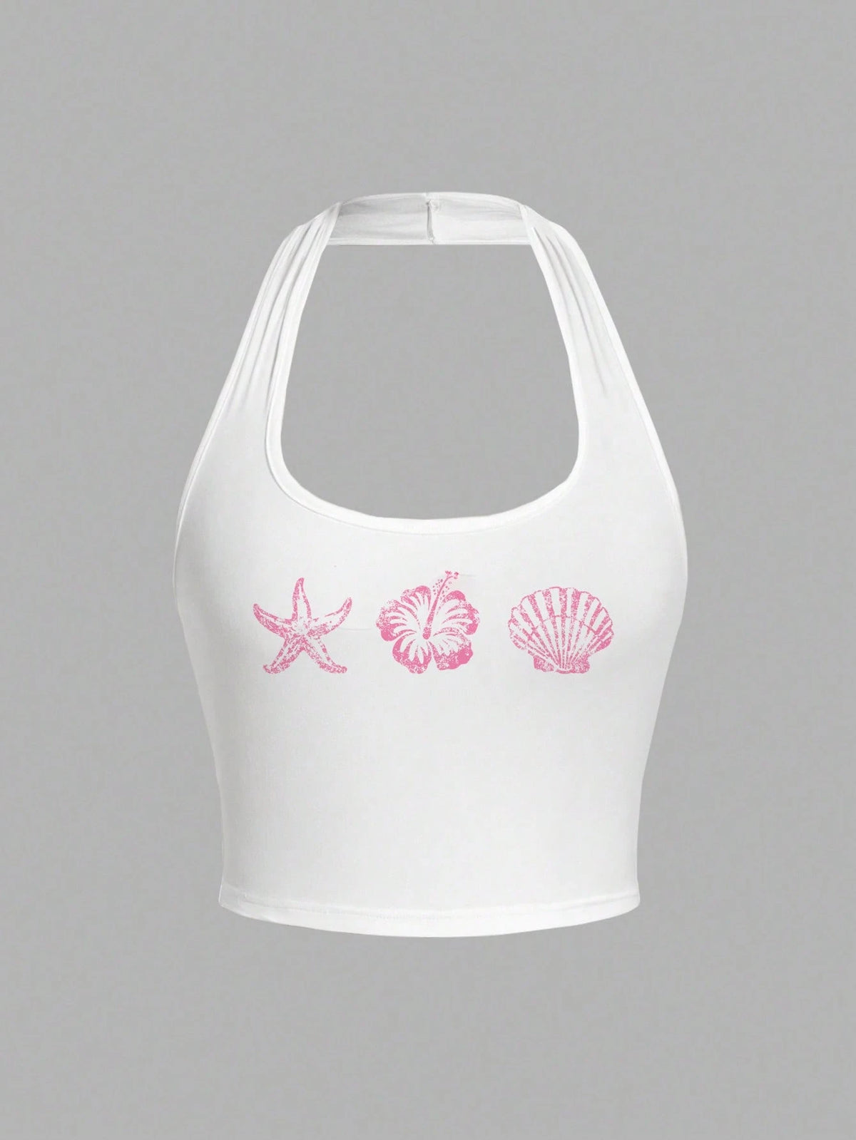 Veykashi Women Casual Starfish, Flower & Shell Print Pink Skinny Halter Neck Camisole, Suitable For Summer