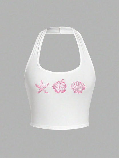 Veykashi Women Casual Starfish, Flower & Shell Print Pink Skinny Halter Neck Camisole, Suitable For Summer