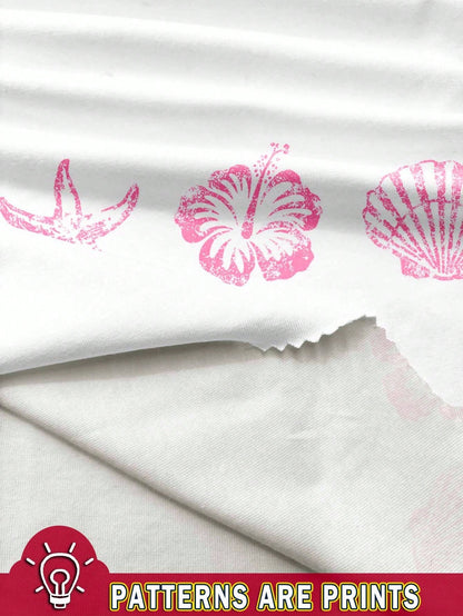 Veykashi Women Casual Starfish, Flower & Shell Print Pink Skinny Halter Neck Camisole, Suitable For Summer