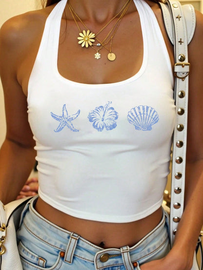 Veykashi Women Casual Starfish, Flower & Shell Print Pink Skinny Halter Neck Camisole, Suitable For Summer