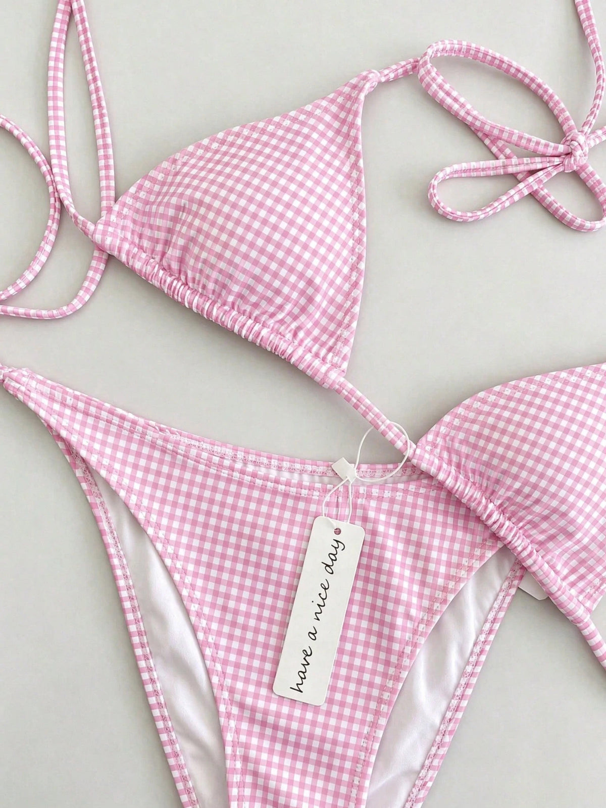 Vintage Pink & White Small Checkered Tie-Up Bikini Set, Sexy Push-Up High Waist Slimming Two Pieces Beach Swimsuit, Suitable For Summer Vacation