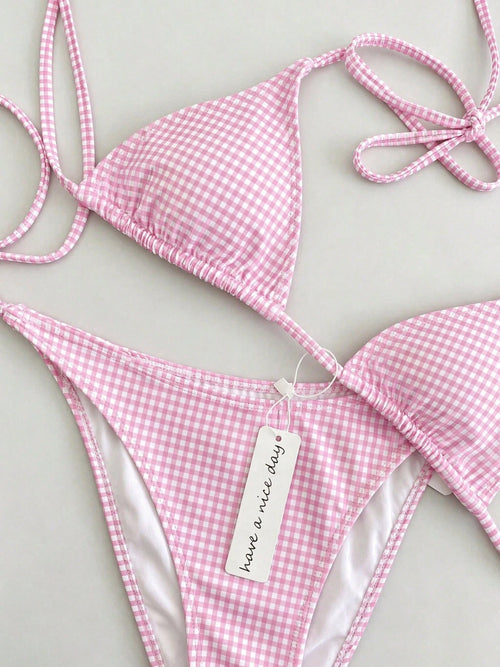 Vintage Pink & White Small Checkered Tie-Up Bikini Set, Sexy Push-Up High Waist Slimming Two Pieces Beach Swimsuit, Suitable For Summer Vacation