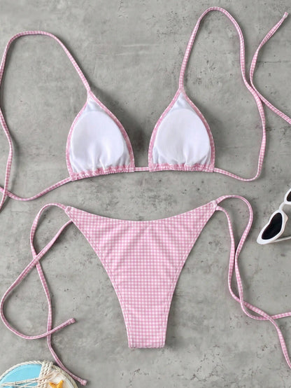 Vintage Pink & White Small Checkered Tie-Up Bikini Set, Sexy Push-Up High Waist Slimming Two Pieces Beach Swimsuit, Suitable For Summer Vacation