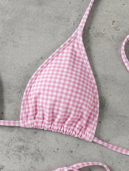 Vintage Pink & White Small Checkered Tie-Up Bikini Set, Sexy Push-Up High Waist Slimming Two Pieces Beach Swimsuit, Suitable For Summer Vacation