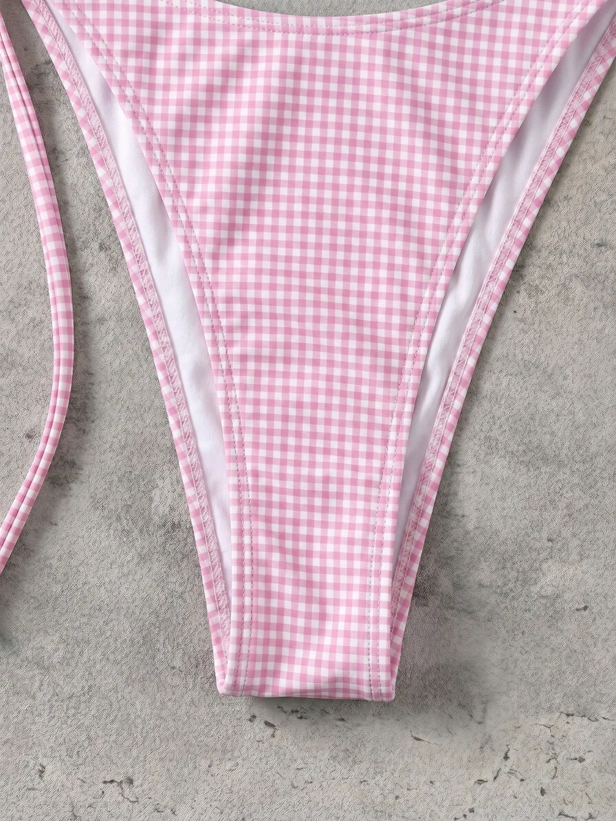 Vintage Pink & White Small Checkered Tie-Up Bikini Set, Sexy Push-Up High Waist Slimming Two Pieces Beach Swimsuit, Suitable For Summer Vacation