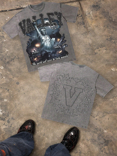 Vintage Washed Cotton 230g Printed T-Shirt, Statue Of Liberty War Scene "VALLEY" Anti-War Theme, Distressed Washed Craft, Streetwear Cotton Tee, Holiday Gift