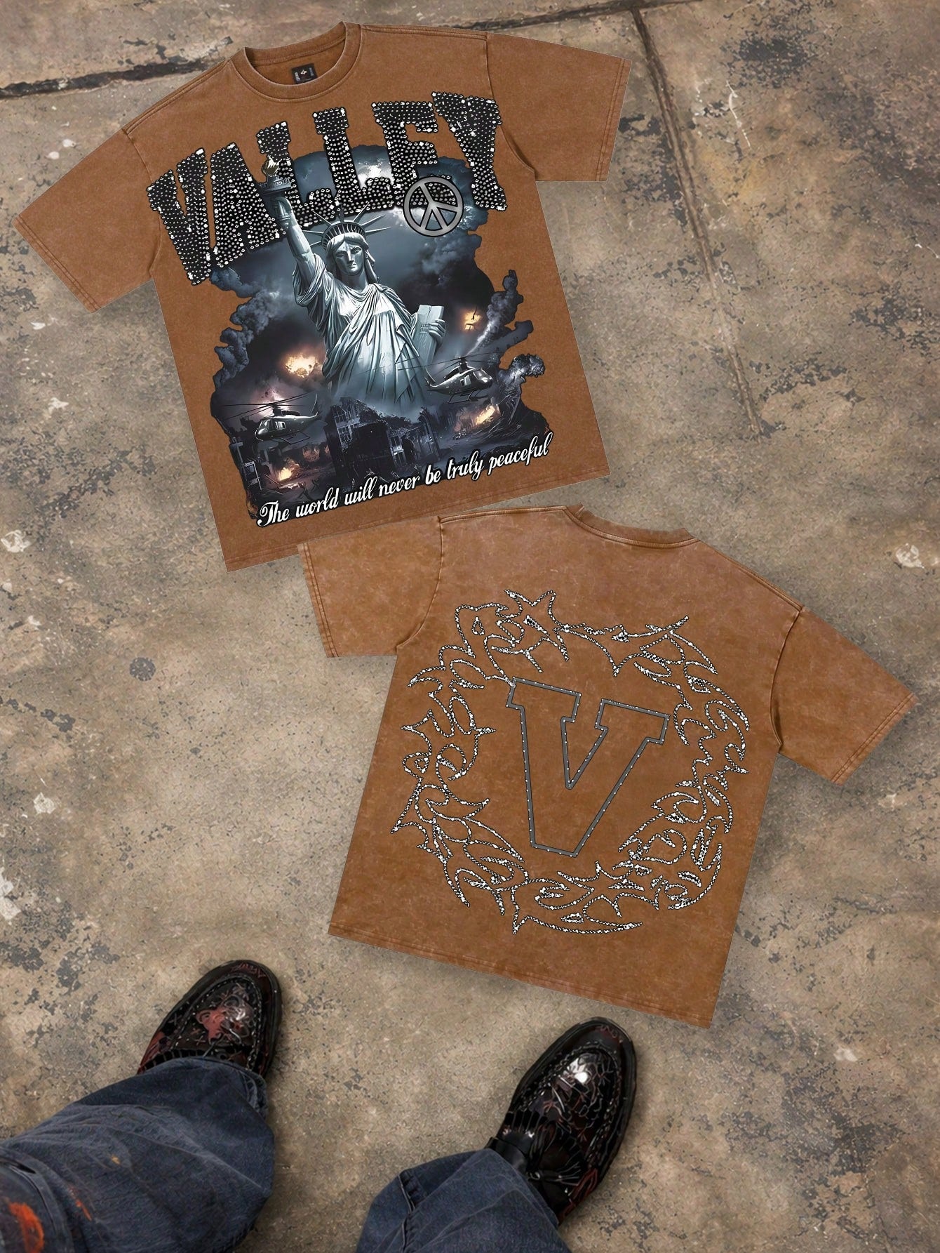 Vintage Washed Cotton 230g Printed T-Shirt, Statue Of Liberty War Scene "VALLEY" Anti-War Theme, Distressed Washed Craft, Streetwear Cotton Tee, Holiday Gift