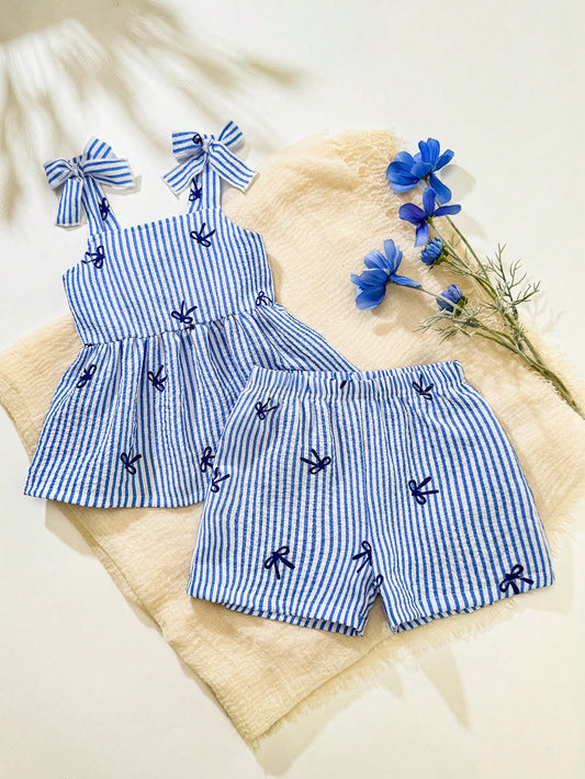 Vintaside Kids 2pcs/Set Baby/Toddler Girls' Casual Daily Cute Stripe Bow Decor Camisole Top + Shorts Set, Spring & Summer