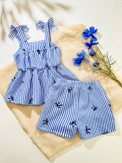 Vintaside Kids 2pcs/Set Baby/Toddler Girls' Casual Daily Cute Stripe Bow Decor Camisole Top + Shorts Set, Spring & Summer