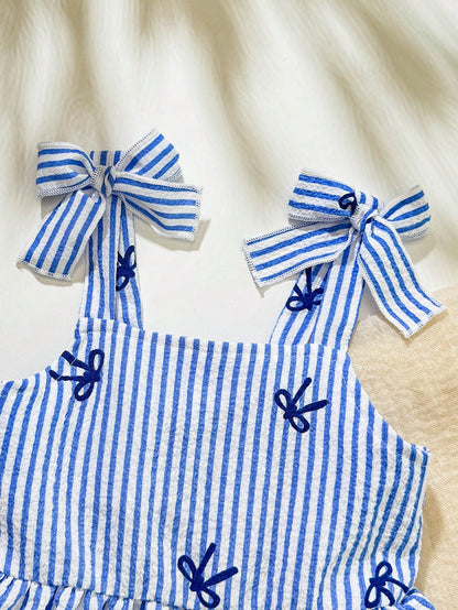 Vintaside Kids 2pcs/Set Baby/Toddler Girls' Casual Daily Cute Stripe Bow Decor Camisole Top + Shorts Set, Spring & Summer
