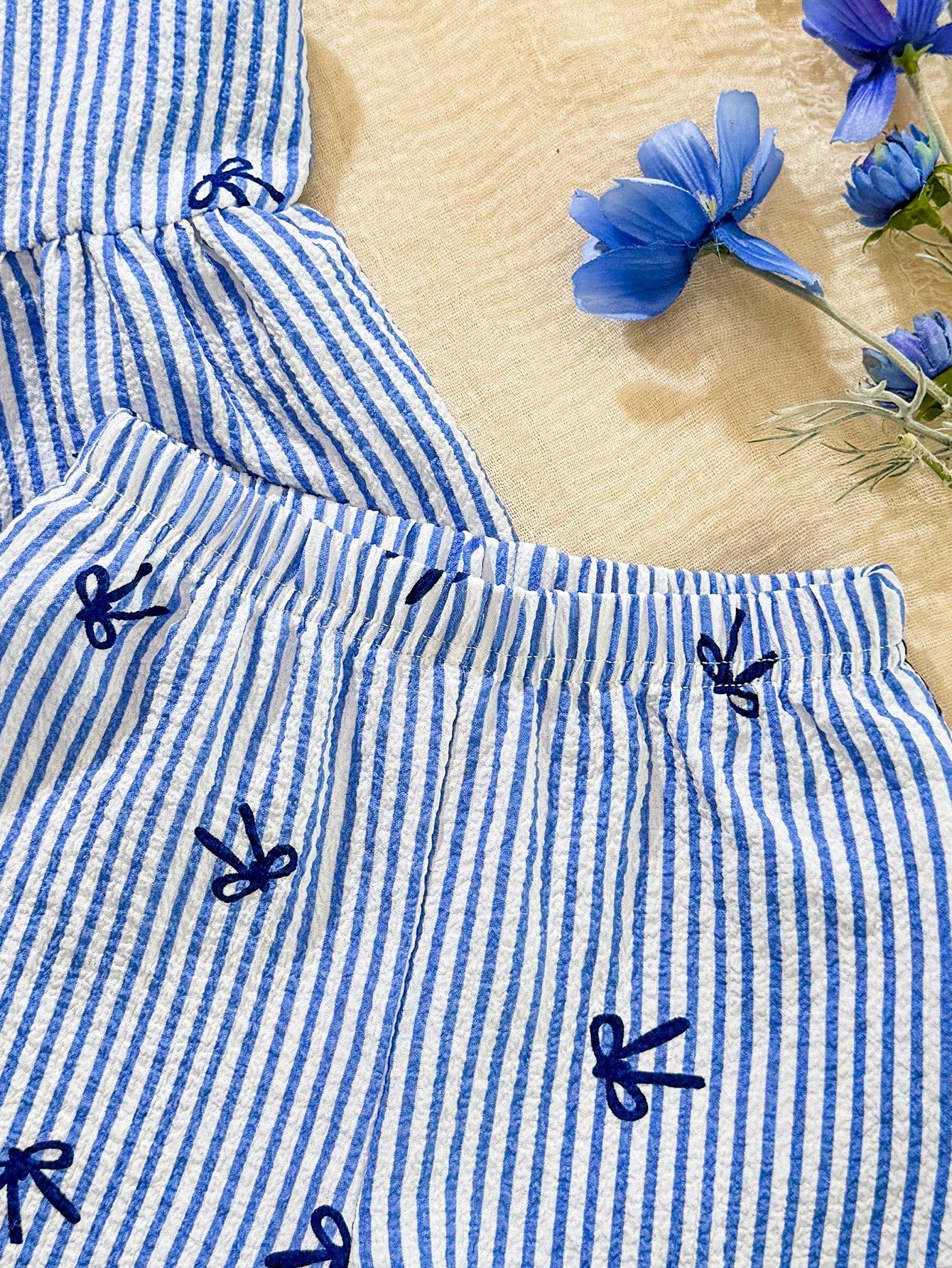Vintaside Kids 2pcs/Set Baby/Toddler Girls' Casual Daily Cute Stripe Bow Decor Camisole Top + Shorts Set, Spring & Summer