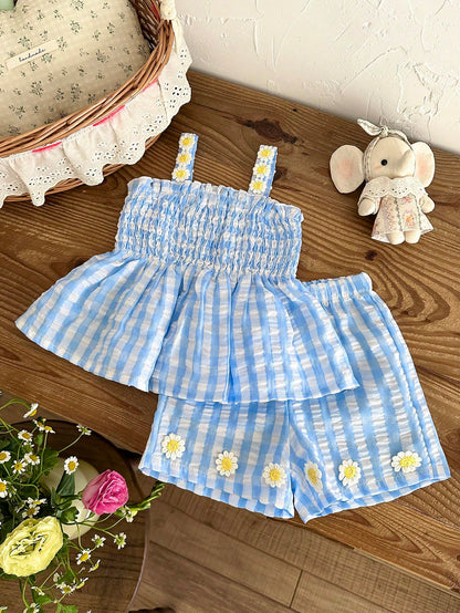 Vintaside Kids 2pcs/Set Baby/Toddler Girls' Casual Daily Cute Stripe Bow Decor Camisole Top + Shorts Set, Spring & Summer
