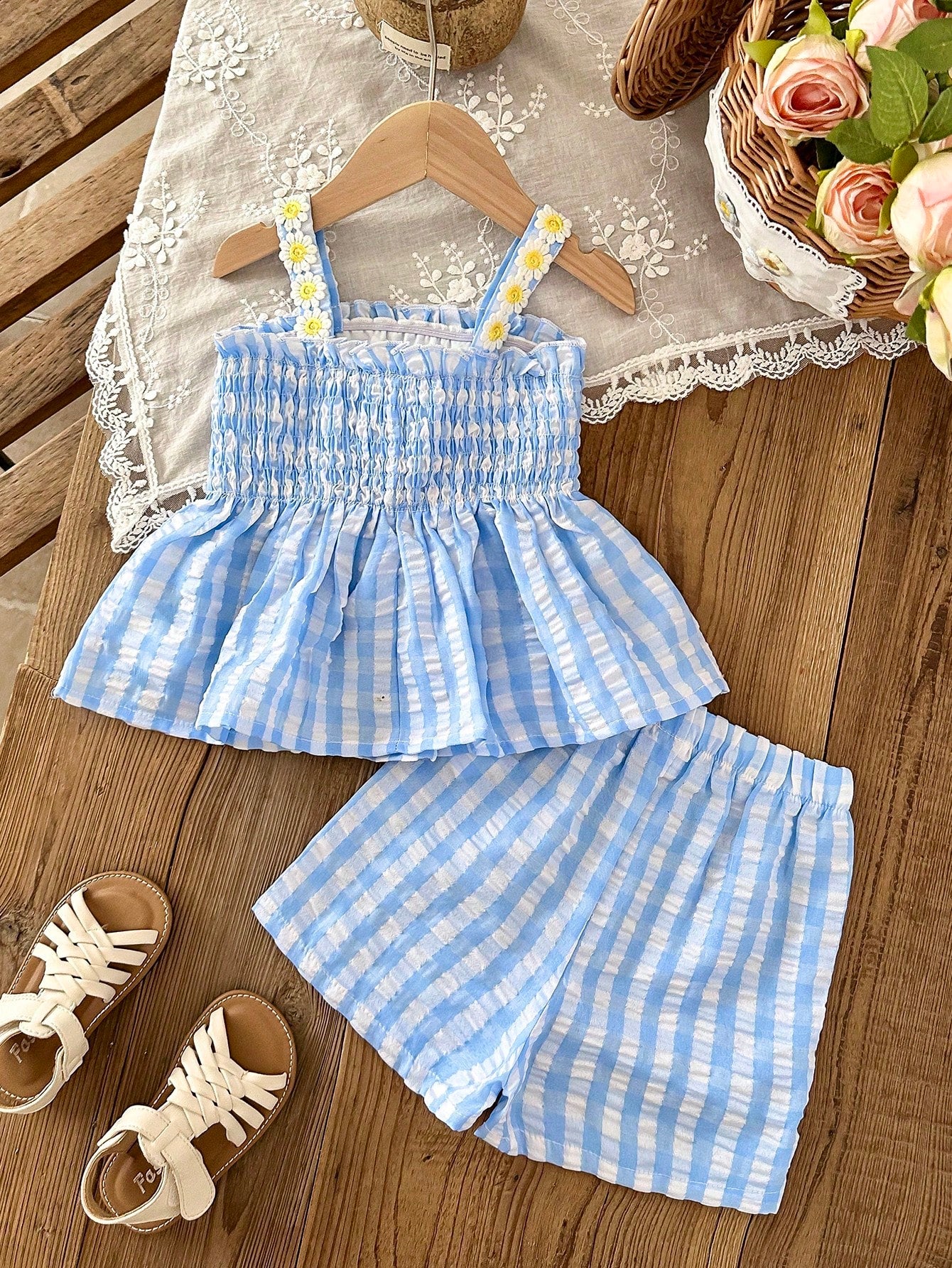 Vintaside Kids 2pcs/Set Baby/Toddler Girls' Casual Daily Cute Stripe Bow Decor Camisole Top + Shorts Set, Spring & Summer