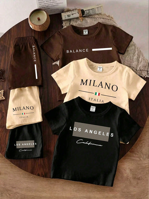 Vintaside Kids 6pcs/Set Spring Summer Baby Boy Casual Modest Letter Slogan Graphic Print T-Shirt Shorts Set Back-To-School Holiday Brown Beige Black And White