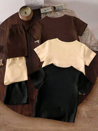 Vintaside Kids 6pcs/Set Spring Summer Baby Boy Casual Modest Letter Slogan Graphic Print T-Shirt Shorts Set Back-To-School Holiday Brown Beige Black And White