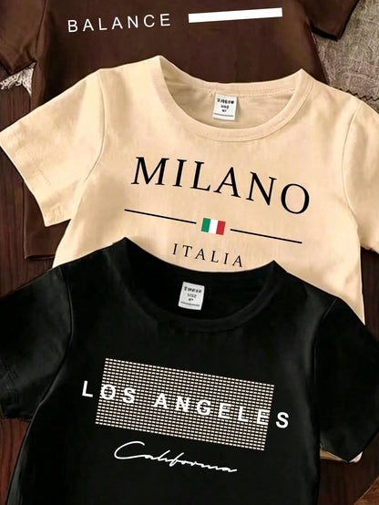 Vintaside Kids 6pcs/Set Spring Summer Baby Boy Casual Modest Letter Slogan Graphic Print T-Shirt Shorts Set Back-To-School Holiday Brown Beige Black And White