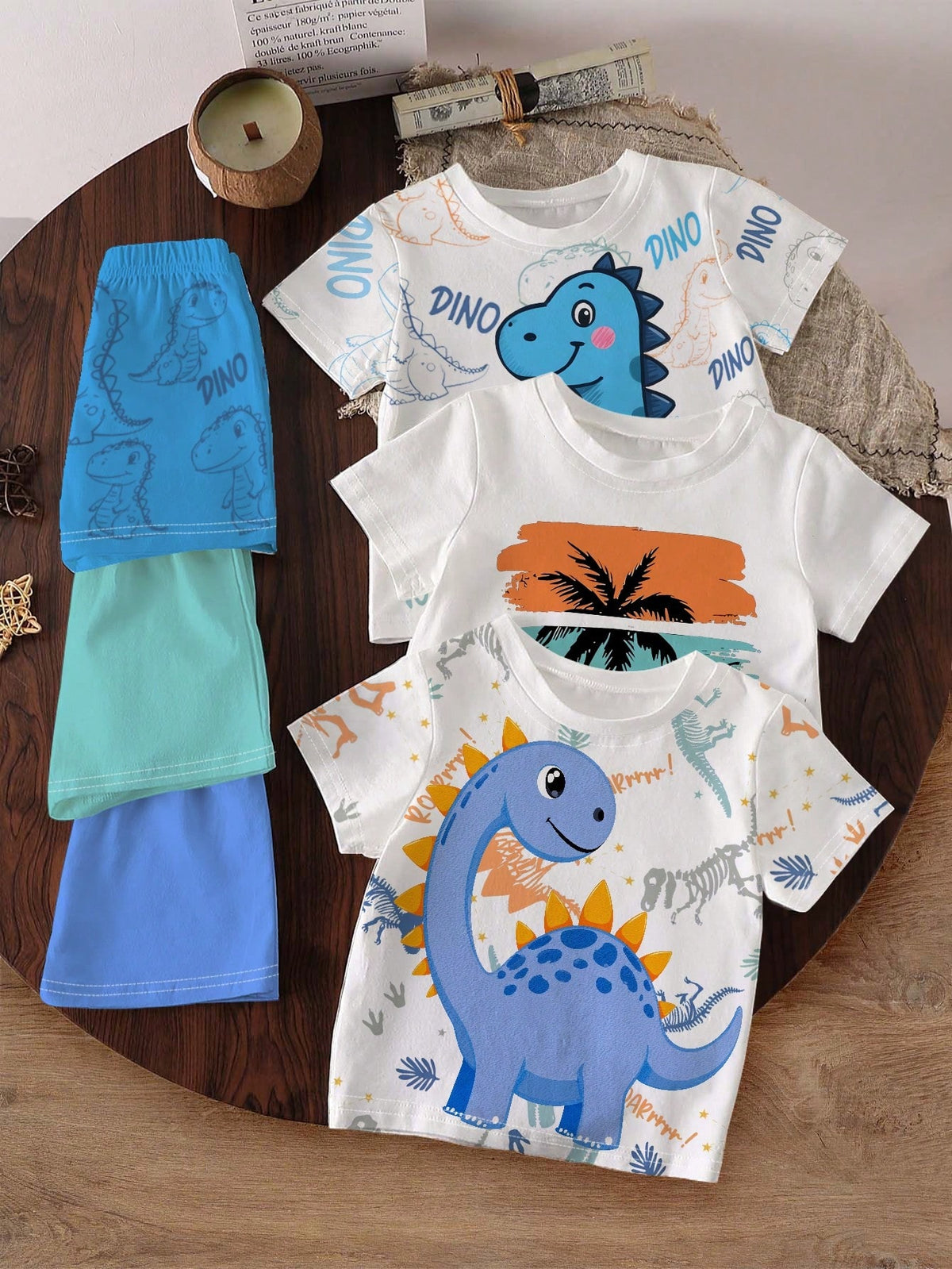 Vintaside Kids 6pcs/Set Spring Summer Baby Boy Casual Modest Letter Slogan Graphic Print T-Shirt Shorts Set Back-To-School Holiday Brown Beige Black And White