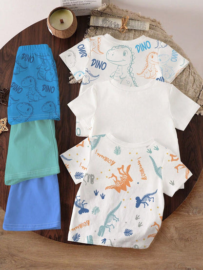 Vintaside Kids 6pcs/Set Spring Summer Baby Boy Casual Modest Letter Slogan Graphic Print T-Shirt Shorts Set Back-To-School Holiday Brown Beige Black And White