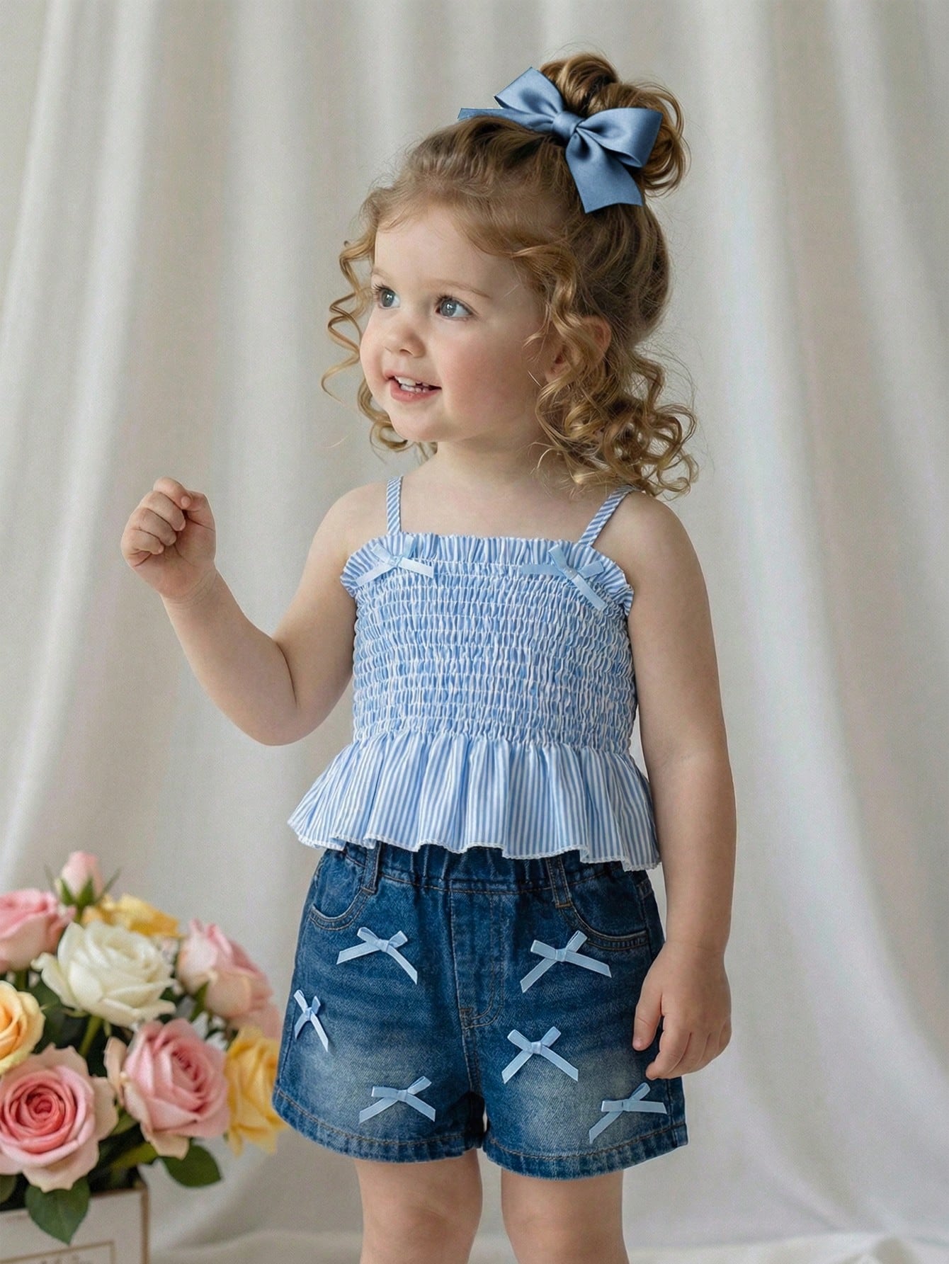 Vintaside Kids Adorable Baby Girls Polyester Blue Sleeveless Tank Top And Short Set With Plant Pattern And Bow Details