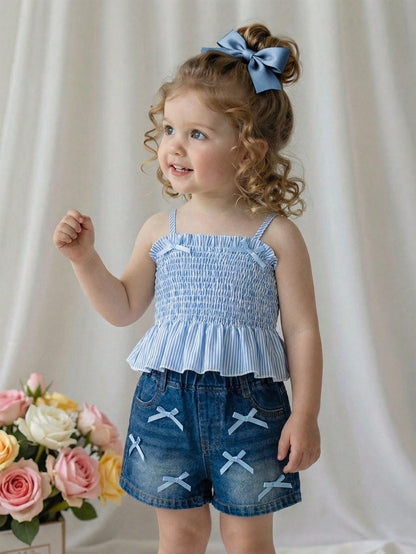 Vintaside Kids Adorable Baby Girls Polyester Blue Sleeveless Tank Top And Short Set With Plant Pattern And Bow Details