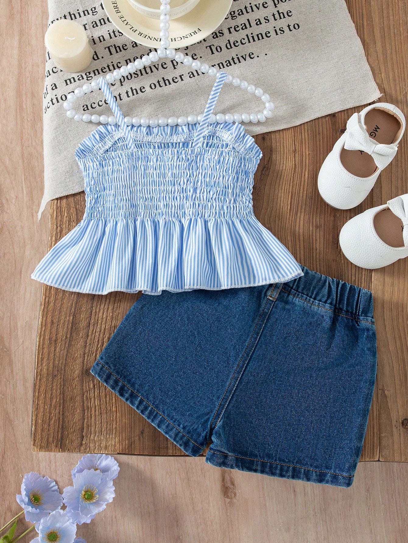 Vintaside Kids Adorable Baby Girls Polyester Blue Sleeveless Tank Top And Short Set With Plant Pattern And Bow Details