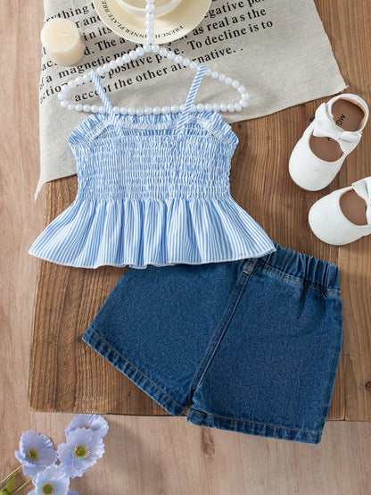 Vintaside Kids Adorable Baby Girls Polyester Blue Sleeveless Tank Top And Short Set With Plant Pattern And Bow Details