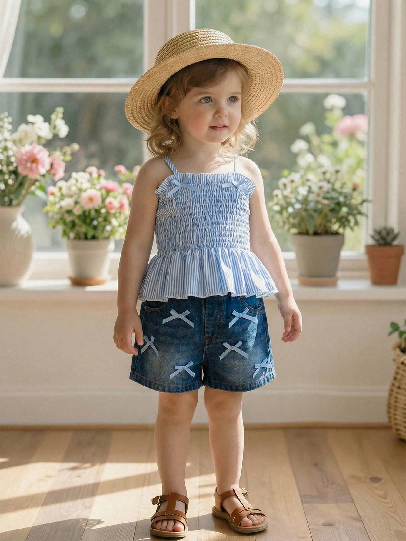 Vintaside Kids Adorable Baby Girls Polyester Blue Sleeveless Tank Top And Short Set With Plant Pattern And Bow Details