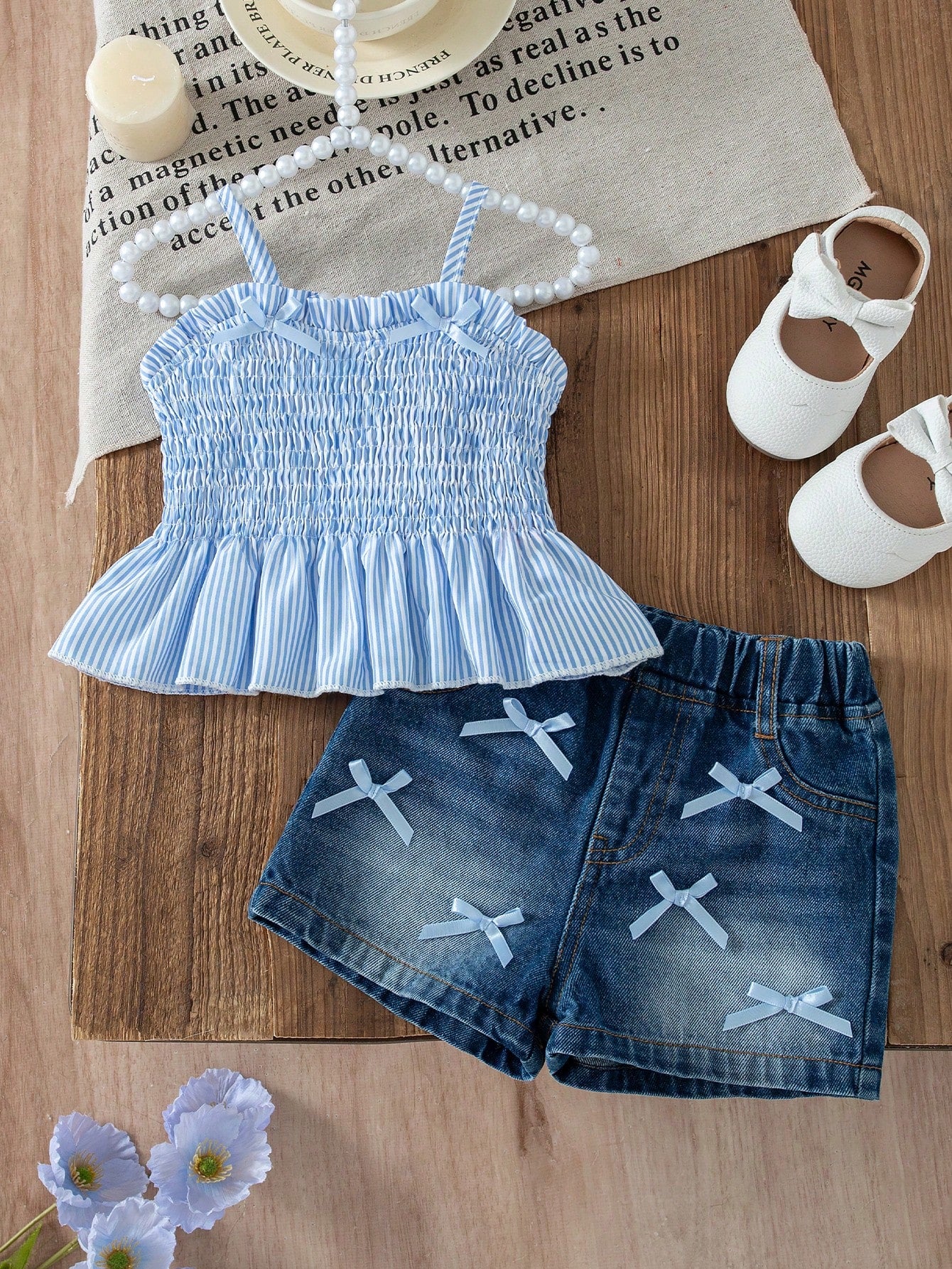 Vintaside Kids Adorable Baby Girls Polyester Blue Sleeveless Tank Top And Short Set With Plant Pattern And Bow Details